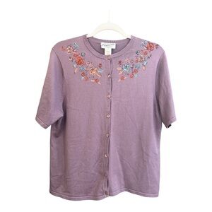 Pendleton Purple Floral Knit Short Sleeve Button Down Silk Blend Cardigan Size L